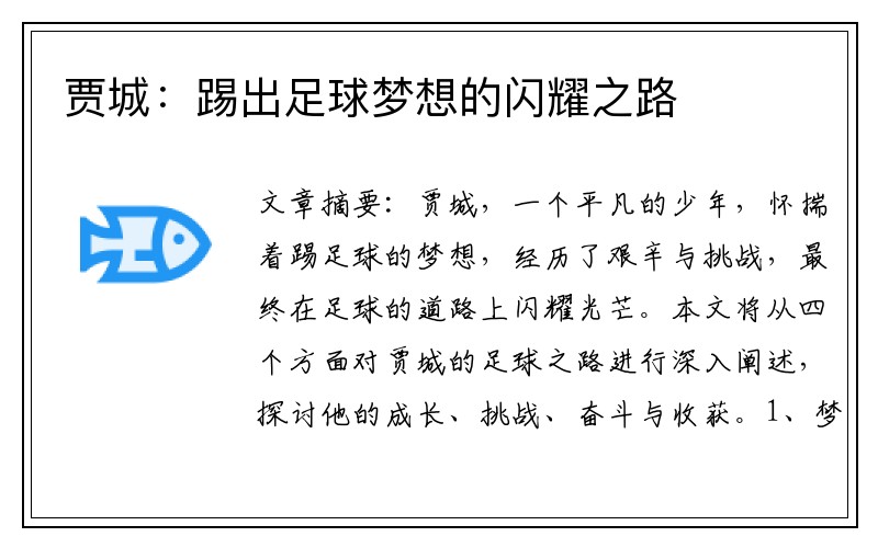 贾城：踢出足球梦想的闪耀之路
