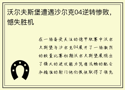 沃尔夫斯堡遭遇沙尔克04逆转惨败，憾失胜机